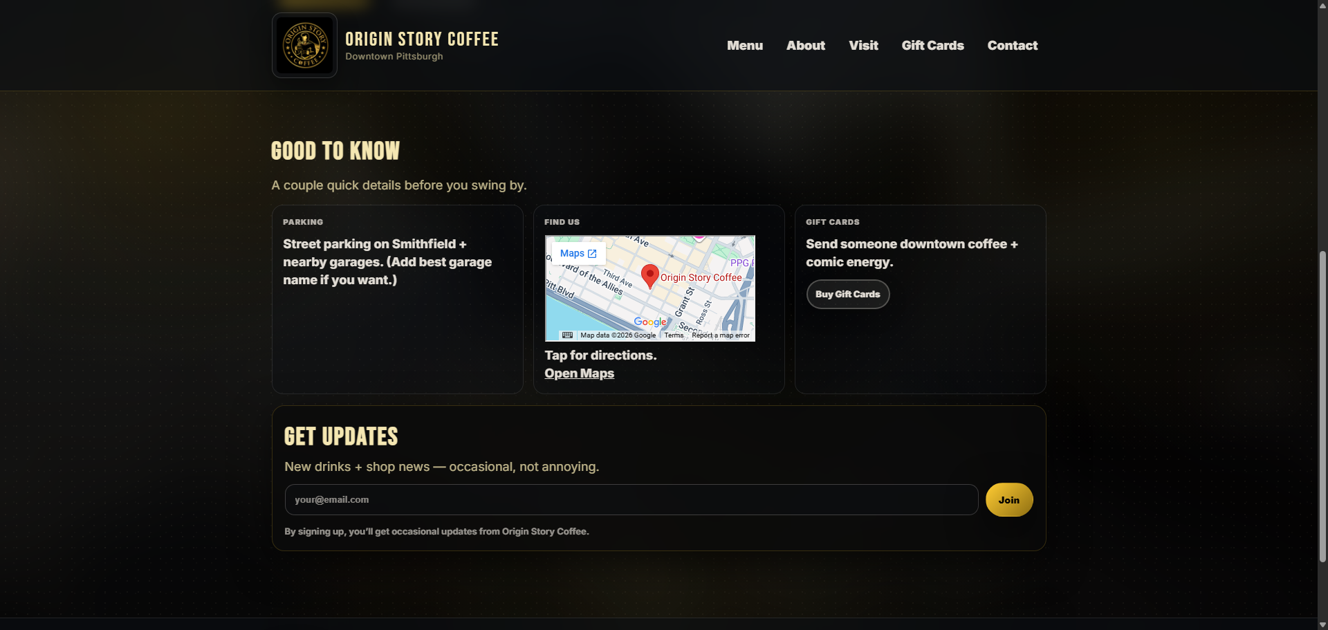 Desktop Origin Story Coffee good to know section with parking, map, gift cards, and email updates